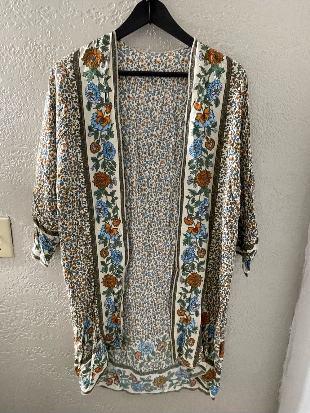 SHEIN Women’s‎ Floral Border Boho Kimono - Blue, Orange, Green on Cream Small